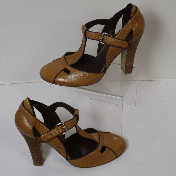 Tan and Brown Heeled T Strap Mary Jane - Picture 2 of 6